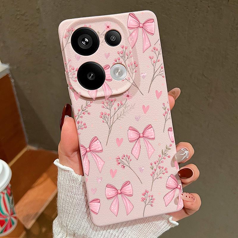 Pink Bowknots Floral Pattern Case For Xiaomi 14T 13T 11T Pro Funda Redmi Note 14 13 12 11 Pro 5G 4G Leather Texture Silicone Cover