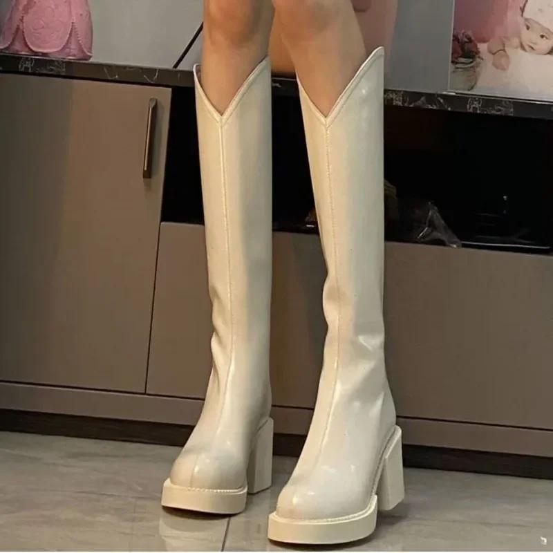 Bílé Dámské dlouhé kozačky Vysoký podpatek Silná podrážka ve tvaru V Rytířské kozačky pro hubnutí nohou Drobná lýtka Módní obuv