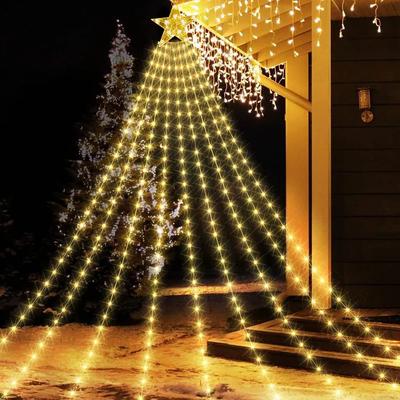 9X3M Outdoor Christmas Star String Light 288LED Lighted Waterfall Tree Hanging Garland Light with Topper Star Fairy Light
