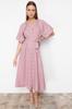 Women's Fashion Linen Look Woven Shirt Dress with Stone Belt and Half Balloon Sleeves