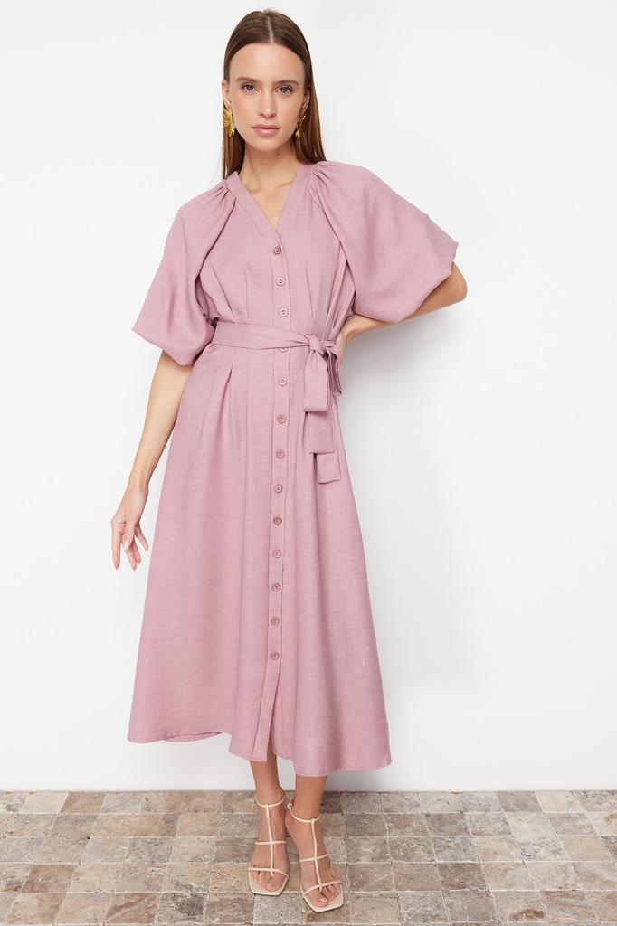 Women's Fashion Linen Look Woven Shirt Dress with Stone Belt and Half Balloon Sleeves
