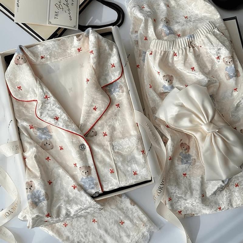 Yuzhaolin Women s Sweet Cartoon Puff Bear Golden Velvet Pajama Set L (88-121 lbs)