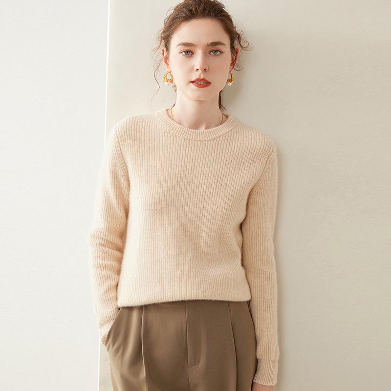 Autumn/Winter 2024 Women's Cashmere Knit Ribbed Sweater – Loose, Slimming, Round Neck Base Layer Top