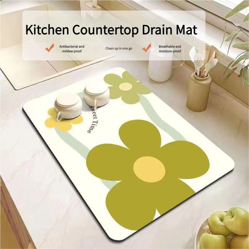 Natural Diatomite Drying Mat with Fast Water Absorption, Heat Resistant Kitchen Pad for Dishes & Cookware - 30x40cm To 40x60cm Floral Design