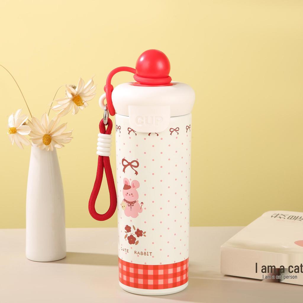 New Cute Cartoon Insulated Stainless Steel Water Cup with Straw and Handheld Rope