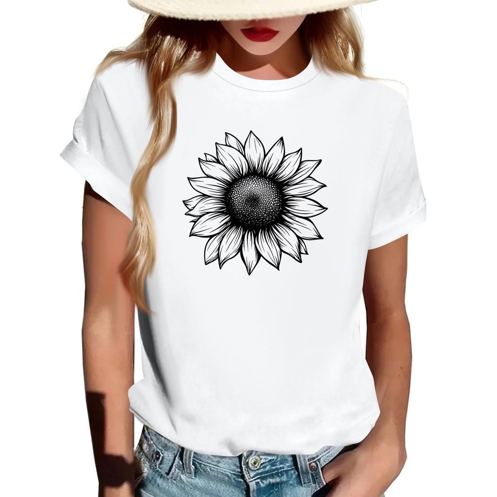 T-shirt à manches courtes pour femme, à col rond, tendance, décontracté, à imprimé rétro