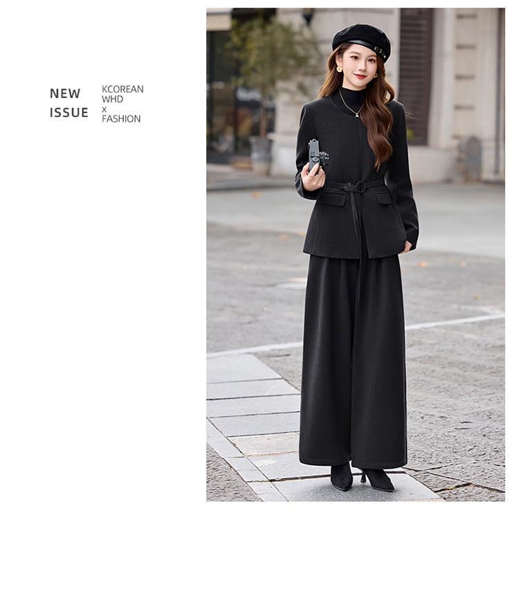 Women's Wool Suit Set: 2026 Spring Collection - Fashionable Temperament Casual Jacket & Wide-Leg Pants with Belt
