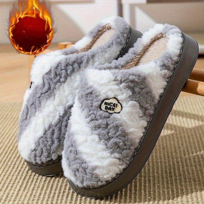 Women's Winter Plush Slip-On Slippers with Thick Sole Striped Pattern Cozy Indoor Footwear