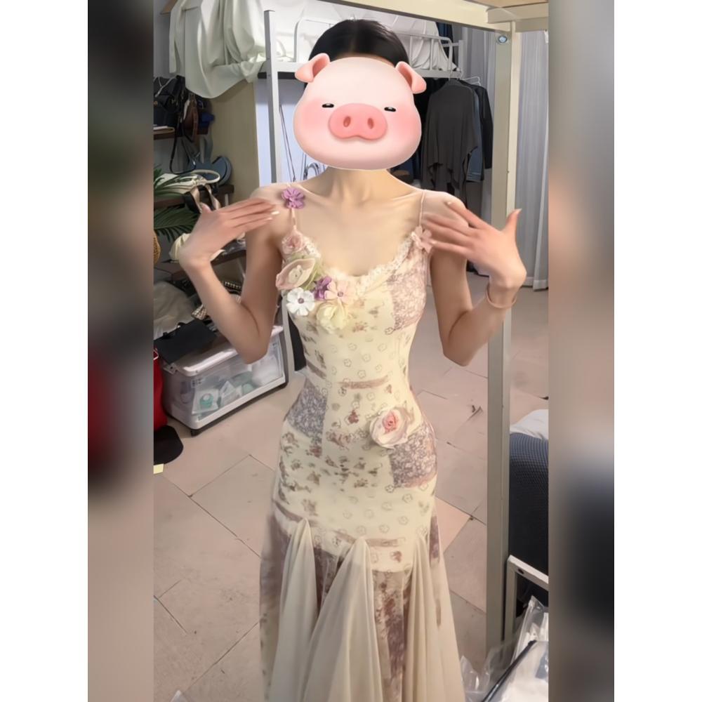 Beautiful Floral Mesh Suspender Dress, Women's Summer Seaside Vacation Waist, Beautiful Hip-wrapped Fishtail Dress