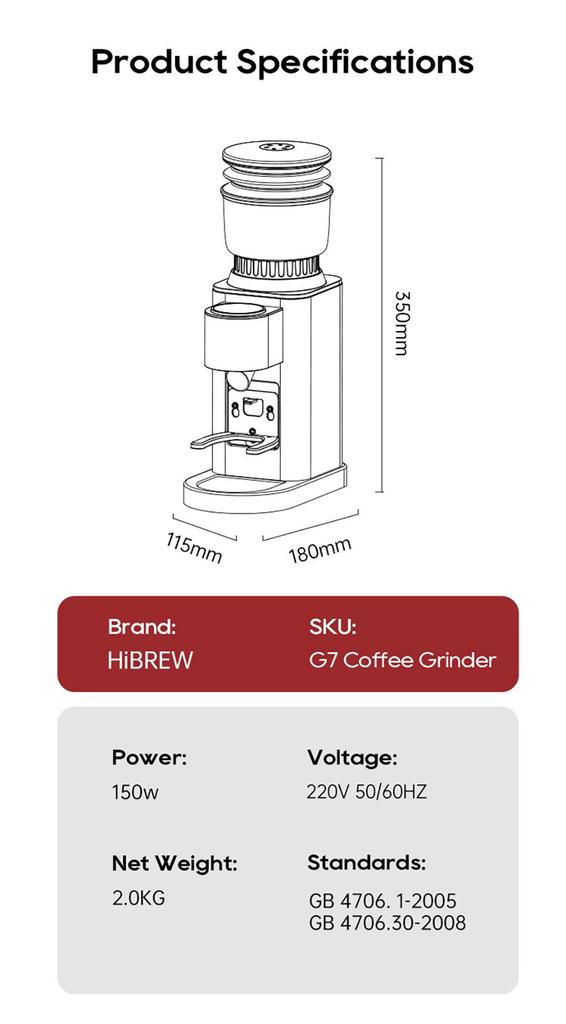 HiBREW G7 Coffee Grinder, 48 Grind Settings, Anti-Static Technology, Stainless Steel Conical Burr, Touch Panel