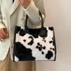 Women Soft Plush Hand Bag  Winter Leopard Cow Print Tote Bags Female Pu Leather Underarm Bags Furry Fluffy Shoulder Bag