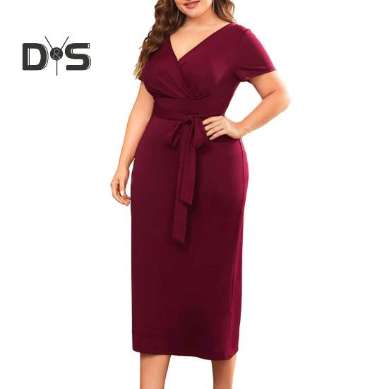 Women Dress V Neck Plus Size Short Sleeve Belted Tight Waist Solid Color Sheath Slim Fit Mid Calf Length Soft Evening Dress Formal Midi Dress