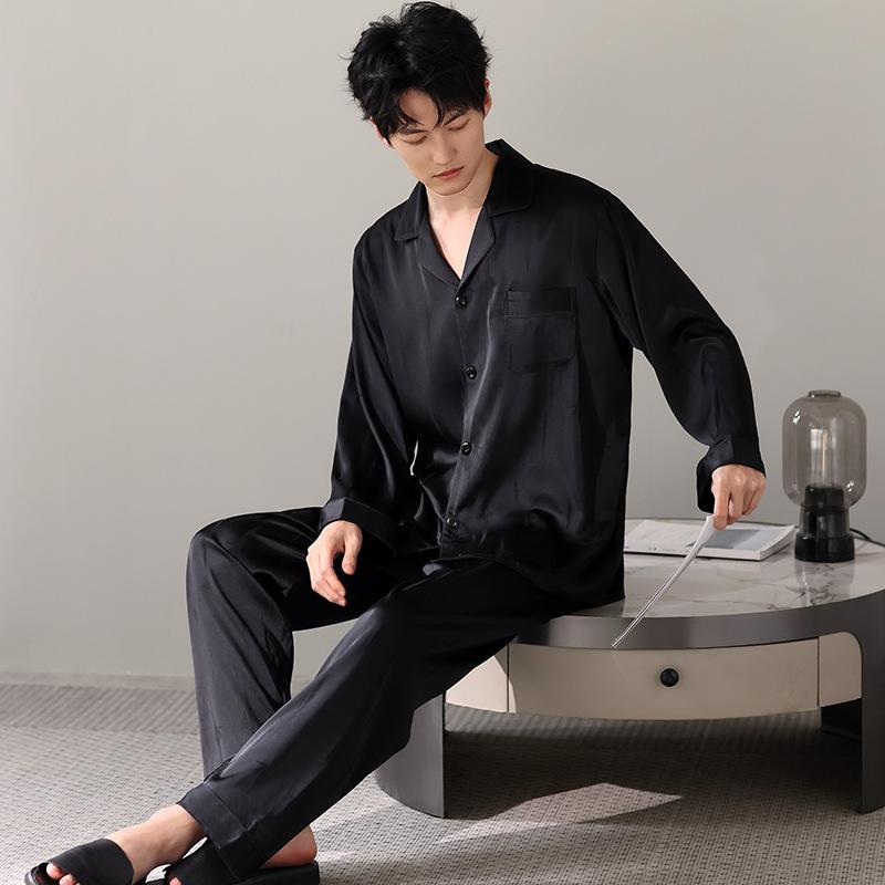 Ice silk pajamas men's summer 1011 new long-sleeved large-size solid-color men's loungewear suit can be worn outside in summer