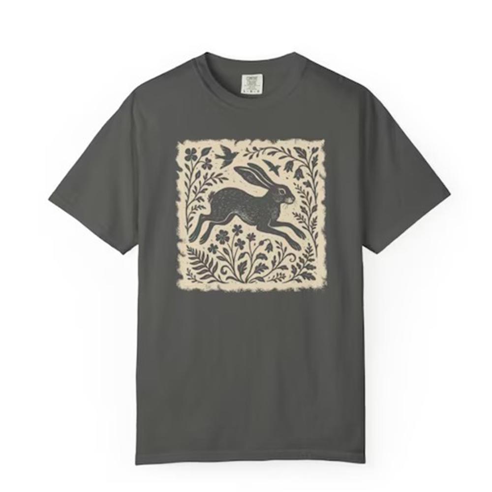 Vintage Wild Hare Linoprint Shirt Witchy Folk Art Forest Animal Naturecore Tee Dark Academia Unisex Y2K Casual Shirt Streetwear