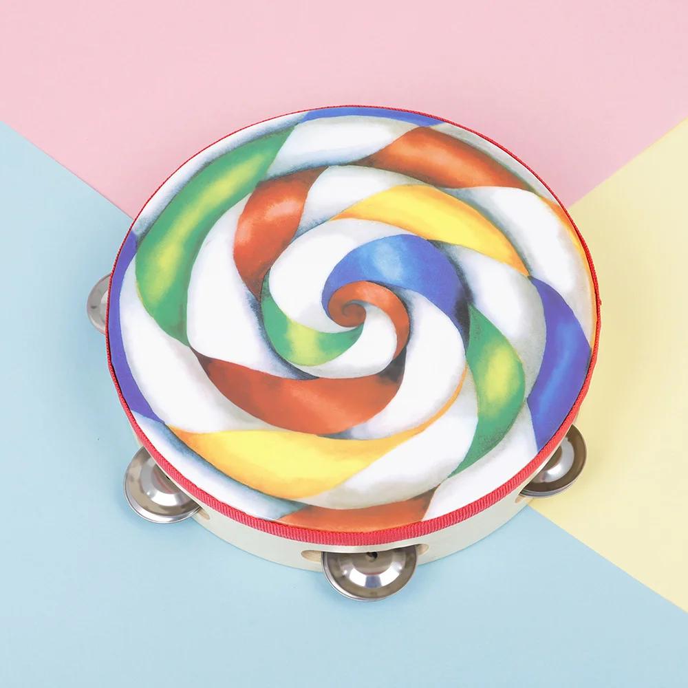 Orff 8 Inch Lollipop Tambourine With Cymbal Rattle Drum for KTV Party Percussion Musical Instruments Hand Jingle Bell Kids Toys