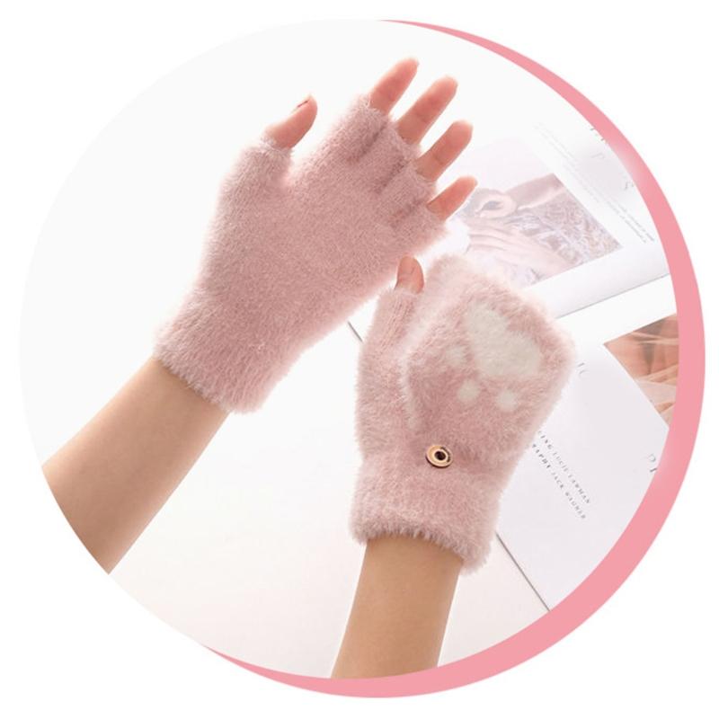 Cartoon Plush Cats Paw Fingerless Mittens with Flip Top Winter Knitted Gloves Stretchy Soft Mitten Elastic Warm Mitte