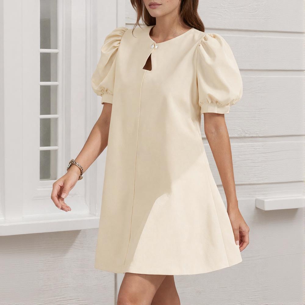 VONDA Women Elegant Puff Sleeve Solid Color Casual Mini Dress