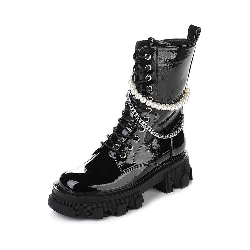 

Autumn new personalized pearl chain medium tube thick sole shows thin legs long Mary Jane Martin boots women 40