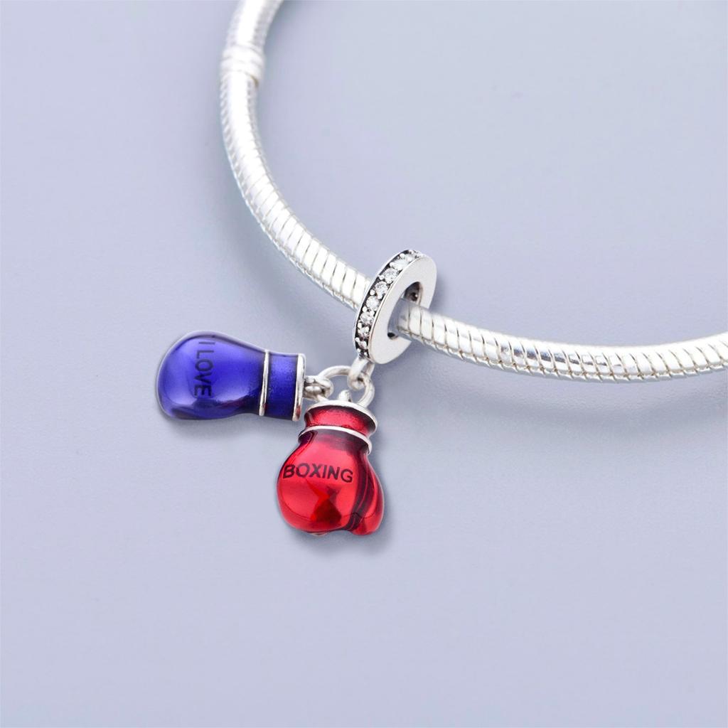 S925 Zilver Rood En Blauw Bokshandschoen Hanger Kracht Kralen Armband Ketting DIY Handgemaakte Ambachtelijke Accessoires Losse Kralen