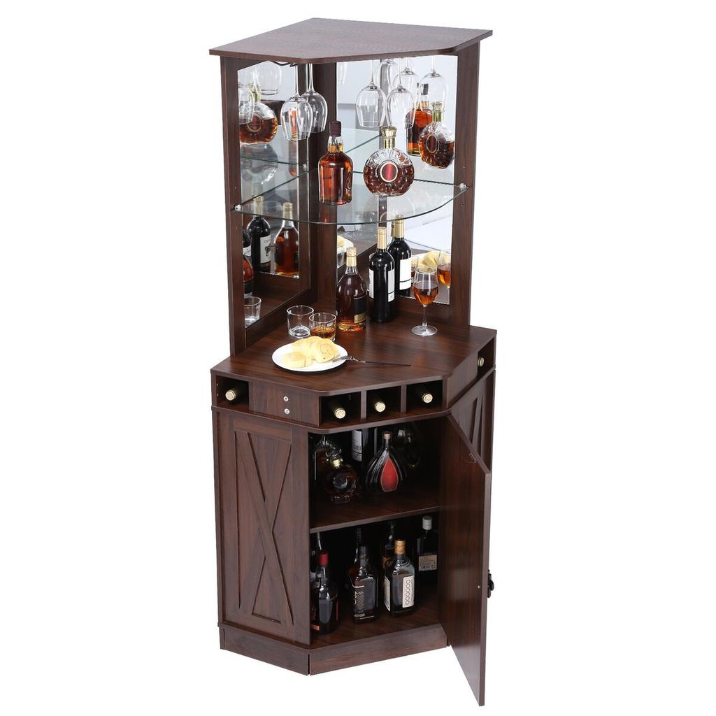 Corner Industrial Bar Cabinet, Wine Table for Liquor & Glasses, Sideboard Buffet Cabinet with Glass Holder, Freestanding Farmhouse Wood Coffee Bar