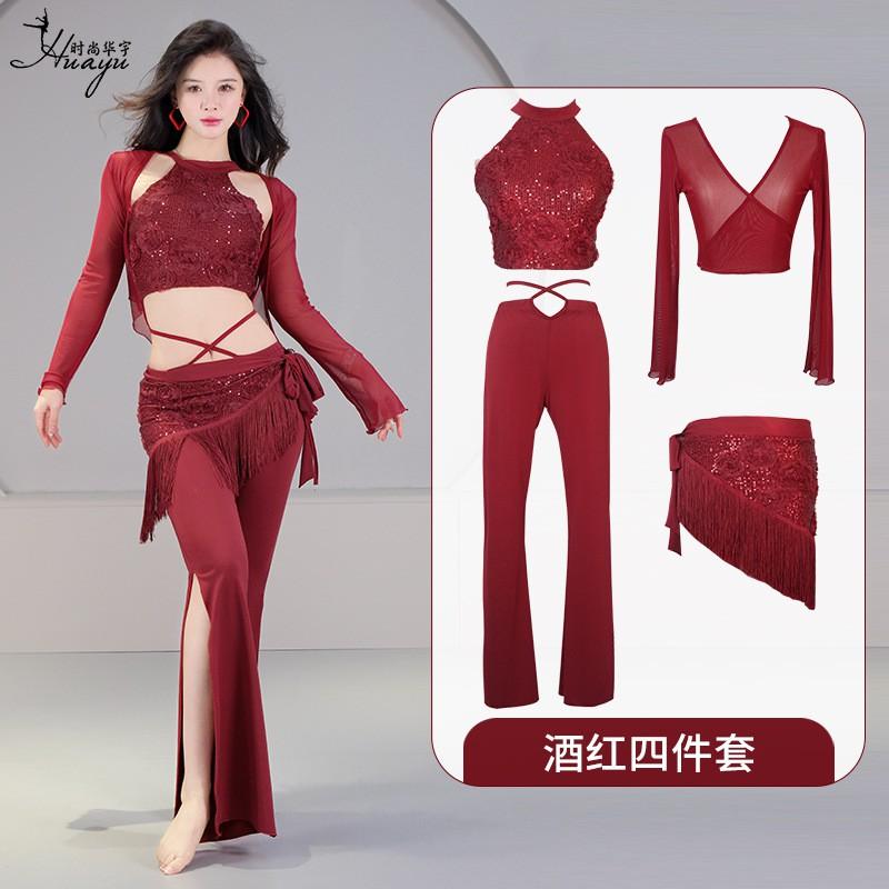 Belly Dance Costume Set With Sequins Women - Stretchy Spandex Performance Outfit In Wine Red Champagne