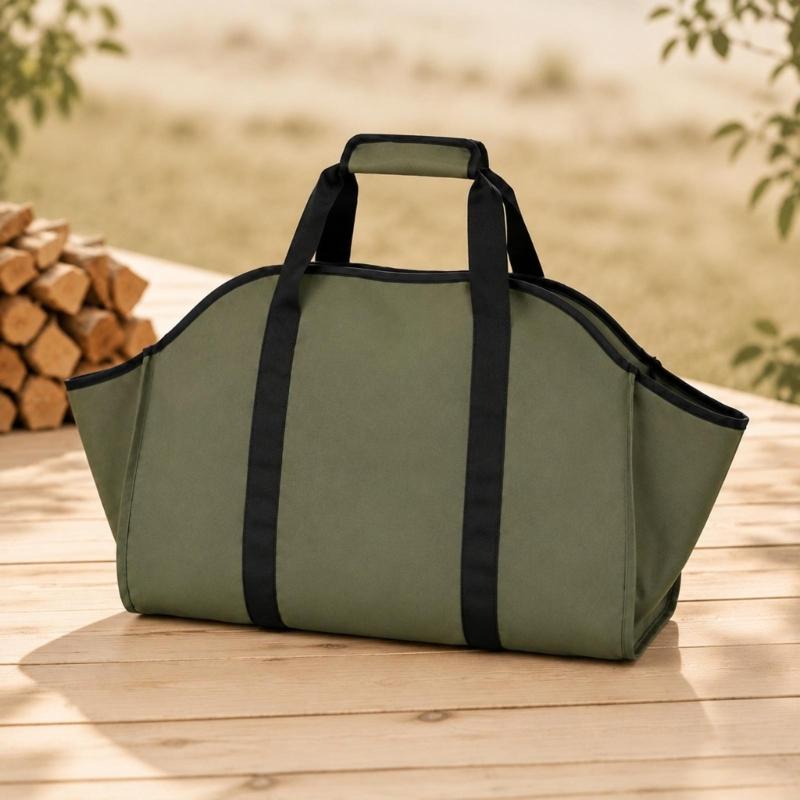 Folding Firewood Bag with a Broad Opening and Reinforced Handles for Hearth, Fire Pit, Camping, and Cabin Wood Transport