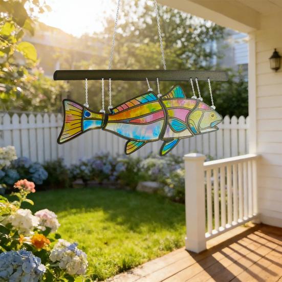 Fish Suncatcher Stained Glass Style Window Hanging Panel Colorful Fish Wind Chimes with Chain for Indoor Outdoor Home Garden Decor Gifts for Fish