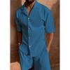 Corduroy Casual Lapel Collar Shorts Set, Sports Men's Solid Color T-shirt Shorts, Running Training Set