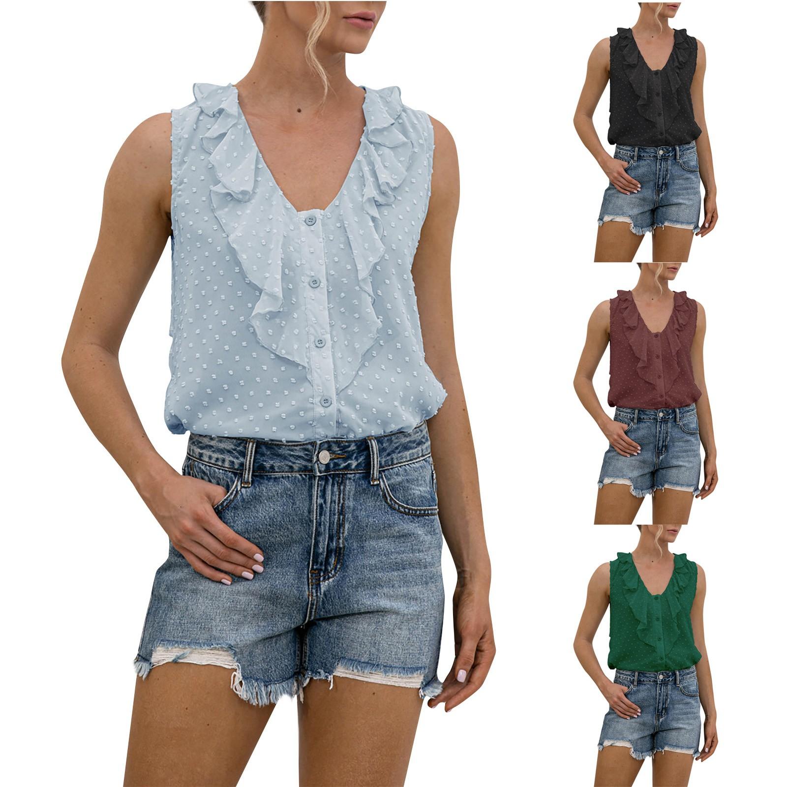 

Женская модная сексуальная блузка с V-образным вырезом однотонной рубашки с рюшами на пуговицах