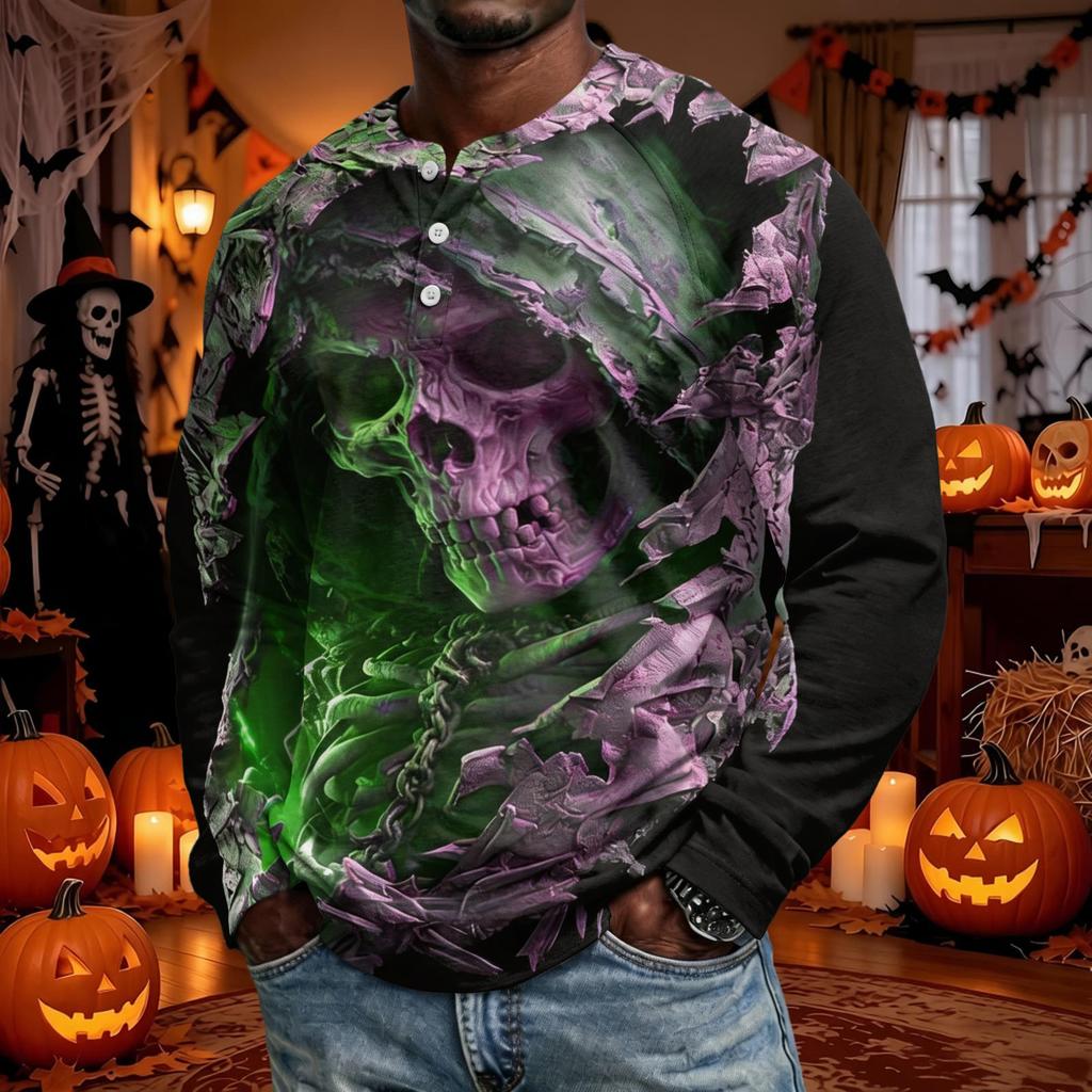 Men's Halloween Long Sleeve Raglan Shirt Loose Fit Casual