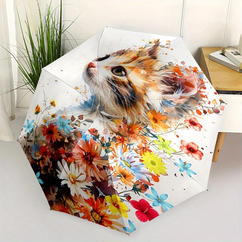 1pc Adorable Orange Cat & Flower Design Automatic Open/CloseUmbrella-CuteUmbrella with Cute Design, Portable 3-Fold Compact Umbrella for Men