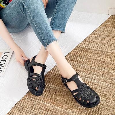 Fashion Women Sandals Black Shoes for Women 2025 Summer Women's Heels Breathable Beige Low Retro Ladies Flat Gladiator Women Shoes