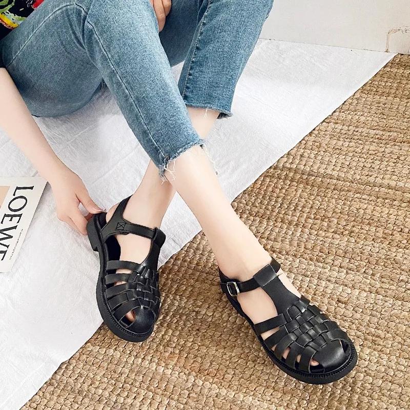 Fashion Women Sandals Black Shoes for Women 2025 Summer Women's Heels Breathable Beige Low Retro Ladies Flat Gladiator  Women Shoes