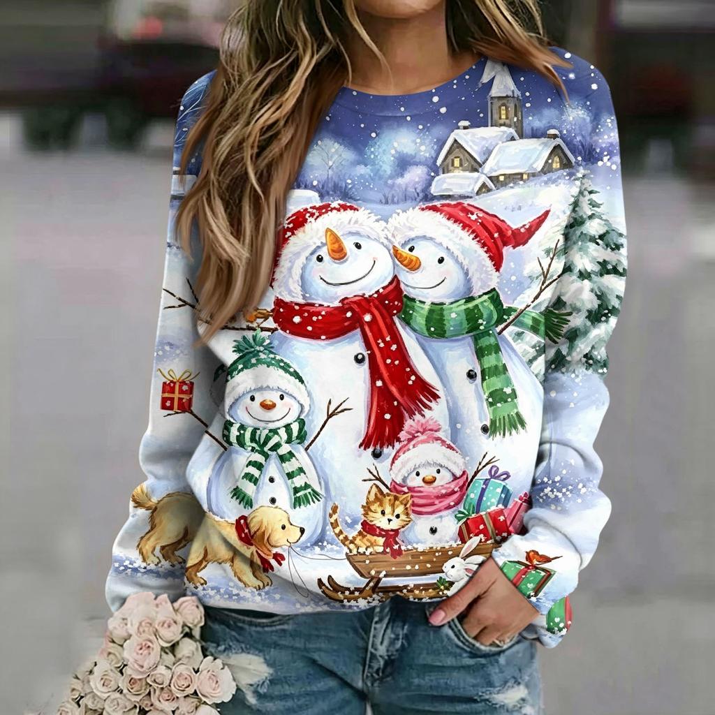 Women's Casual Neck Long Sleeve Raglan Christmas Print Pullover Sweatshirt