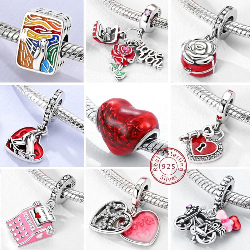 New 925 Silver Charms Bead Red Cherry Strawberry Love Heart Charm Fit Original Bracelet Pendant DIY Jewelry For Women