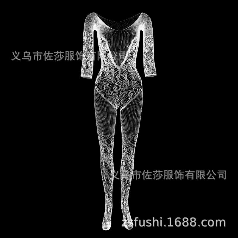 Sex Underwear V-shaped Chest Embroidered Mesh Socks Long-sleeved Open-file One-piece Stockings Hollow-out Temptation One-piece Socks