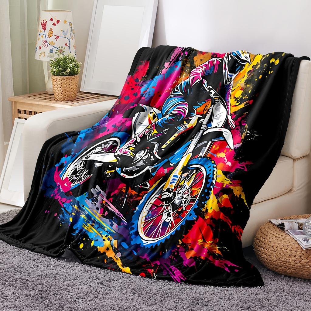 1pc Motorcycle Rider Action Design Flannel Blanket - Soft Lightweight All-Season Throw for Sofa, Bed, Camping & Travel