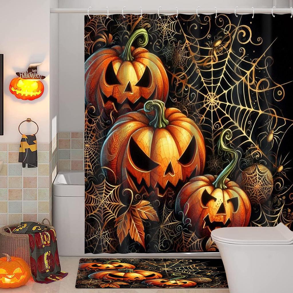 Halloween Scary Pumpkins Shower Curtain Witch Bath Sets Waterproof Non-Slip Bathroom Rug Toilet U With 12 Hooks Home Deco