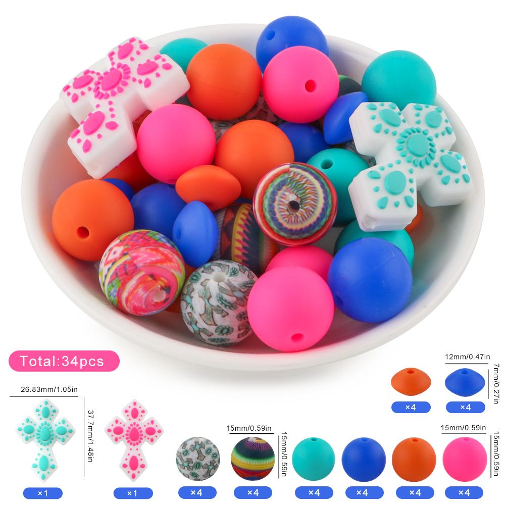 34Pcs/set Silicone Beads Kit Silicone Round Bead Focal Bead DIY KeyChain Bracelet Necklace Jewelry Accessories