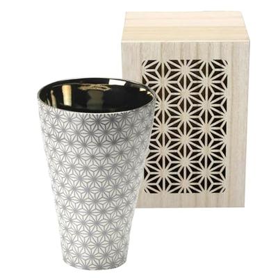 Mino Ware Tumbler, Sake/Beer Glass, Approx. 350ml, Microwave-Safe, Rin, Silver, Wooden Box, Gift, Made In Japan, RIN-4004NB