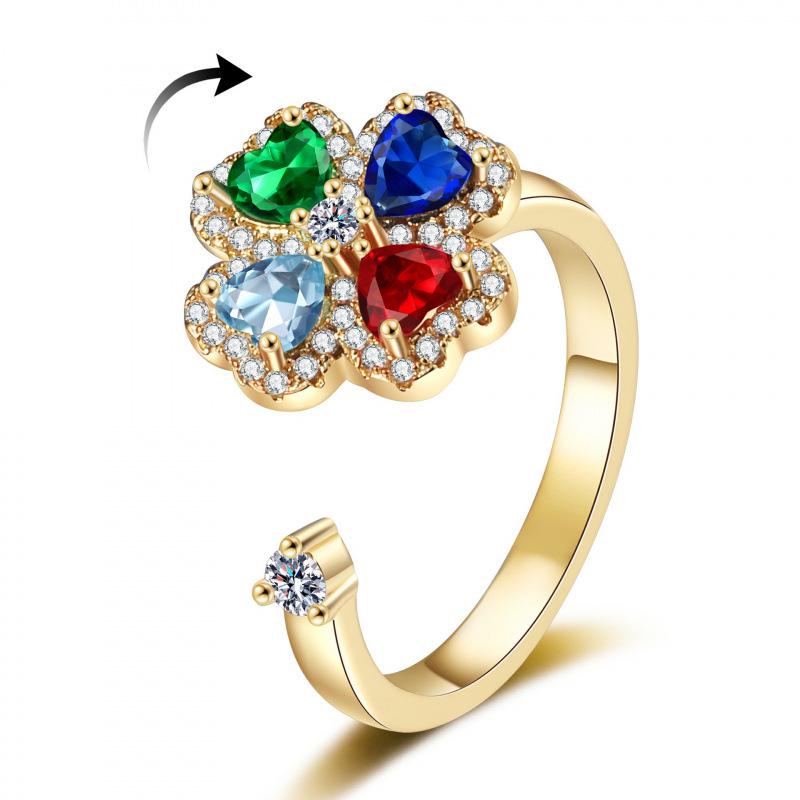 Adjustable Colorfast Zircon Clover Open Ring for Women