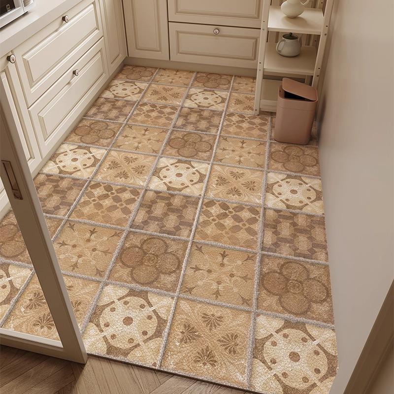 Retro Plaid Kitchen Floor Mat Oil-proof Waterproof PVC Leather Carpet Fashionable Home Decoration Free-cut Balcony Rugs Alfombra