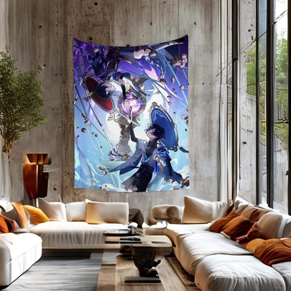 Genshin Impact Scaramouche Colorful Tapestry Wall Hanging Hippie Flower Wall Carpets Dorm Decor Japanese Tapestry