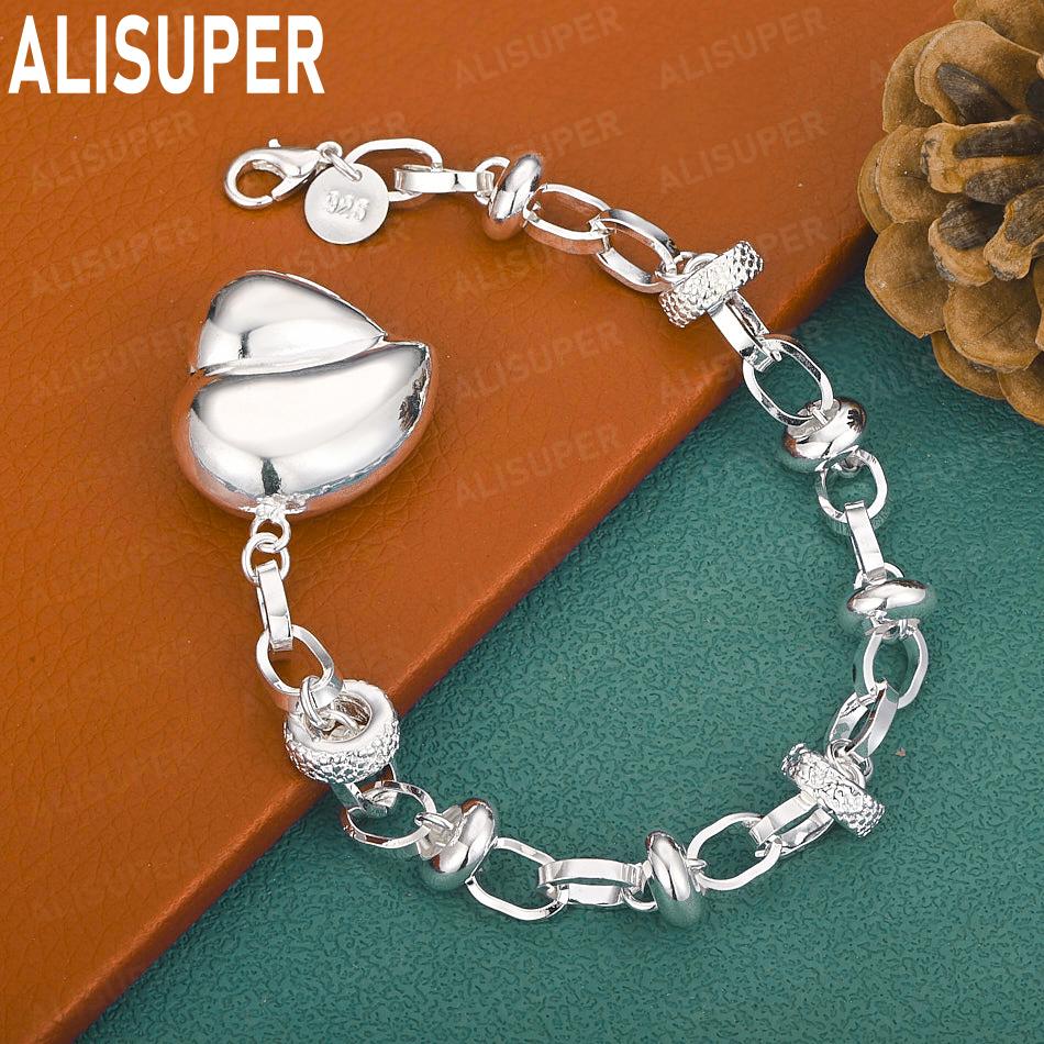 925 Sterling Silver Romantic Heart Side Chain Beautiful Bracelet Gift Jewelry
