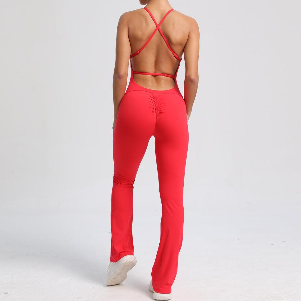 Adjustable Strap Flare Bodysuit Yoga Wear - European & American Sports Fitness Jumpsuit