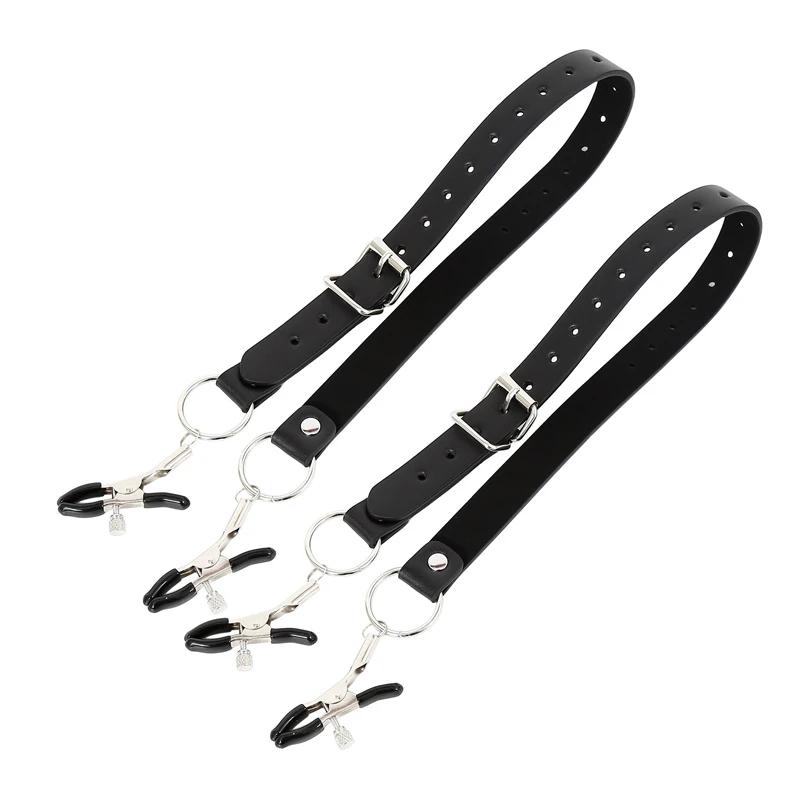 Black Leather Harness Set – Nipple Clamps, Labia Clips & Restraints for Fetish Bondage & Erotic Couple Play