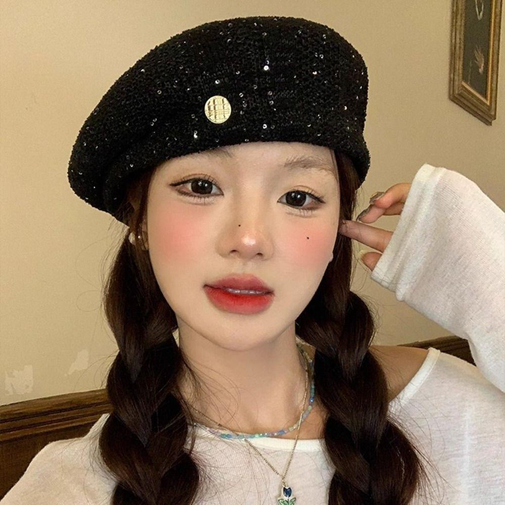 Hollowed Out Weave Hat Paillette Crochet Knitted Cap Elegant Sequin Beret Hat  Women