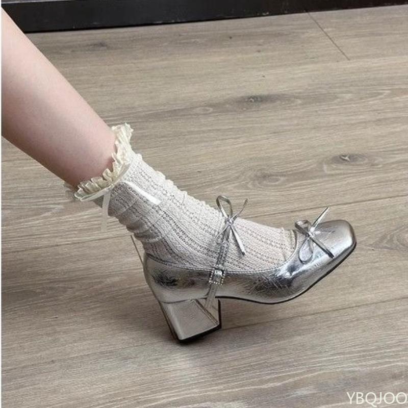 Fashion Versatile Thick Heels for Spring Autumn Not Tiring Feet Exquisite Mid Heeled Women's Shoes Casual Bow Elegant Square Toe Shoes