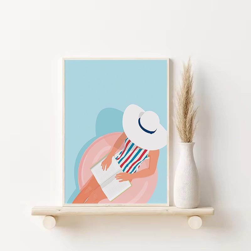 Minimalist Book Lover Girl Reading Beige Colors Nordic Poster Canvas Painting Wall Art Pictures Home Room Decor