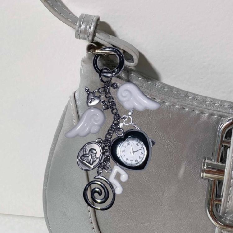 Enchanting Angel Wing Clock Keyring Vintage Alloy Bag Charm Creative Jewelry Accessory For Everyday Use